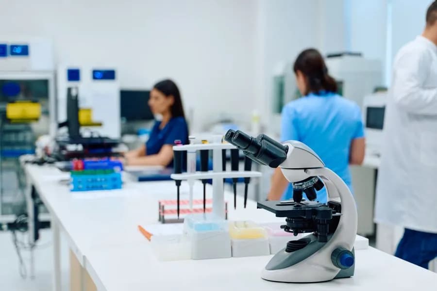 Microscopio en el laboratorio con personal trabajando al fondo